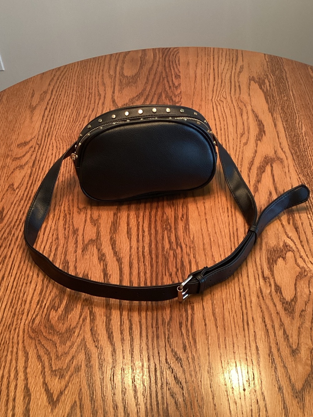 Black Pebbled Leather Crossbody Belt Bag with Stud Trim